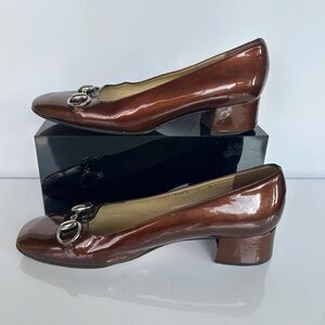 Gucci Horse-bit Square Toe Patent Leather Block Heel in Brown size 8